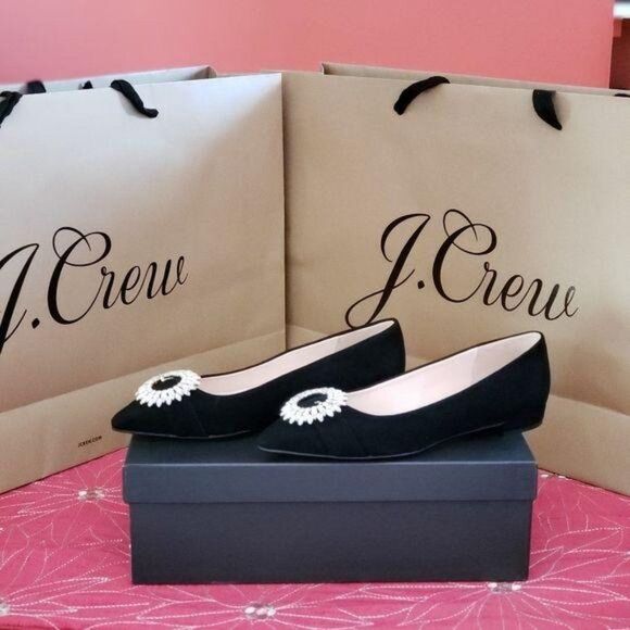 J. Crew Suede Jeweled Embellished Buckle Flats Black Size 6 Pointy Toe - Picture 3 of 6